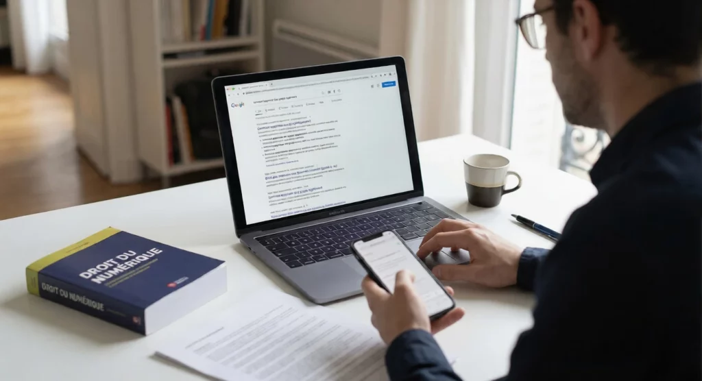 Un homme utilise son ordinateur portable et son smartphone à un bureau lumineux, avec un livre sur le droit du numérique à ses côtés.
