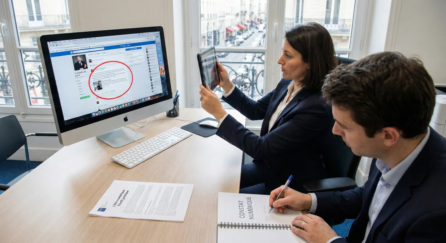 Gemini a dit Un homme et une femme, professionnels dans un bureau, réalisent un constat numérique en photographiant un contenu sur les réseaux sociaux à l'aide d'une tablette.