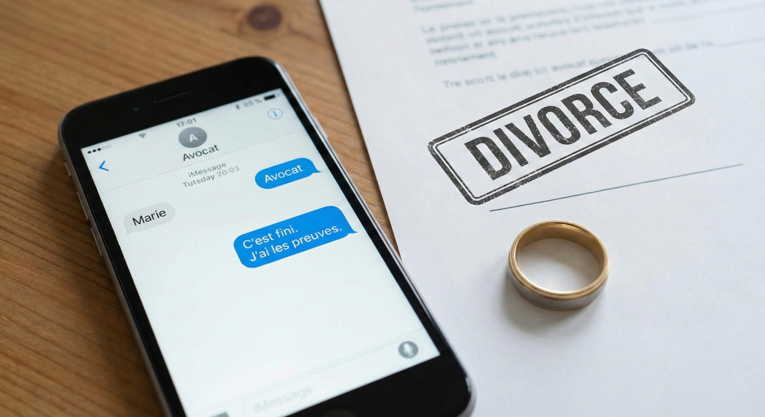 Un smartphone affichant un message envoyé à un avocat, posé à côté d'une alliance et d'un document officiel tamponné "DIVORCE".