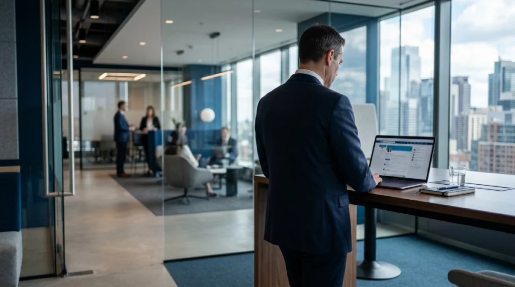Huissier observant un feed LinkedIn