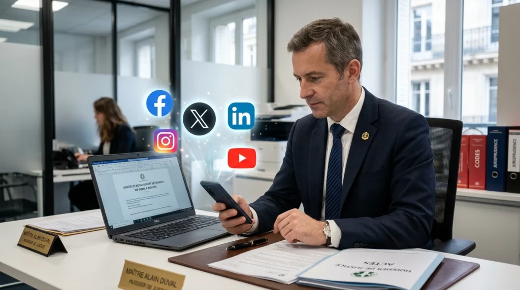 Huissier réalisant constat sur réseaux sociaux