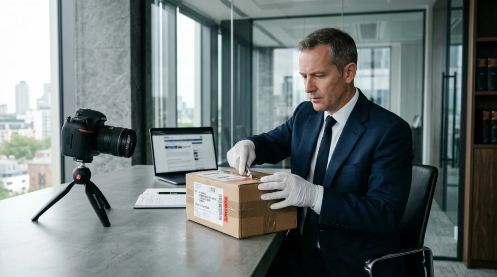 Huisser de justice recevant un colis contenant un produit acheté en ligne