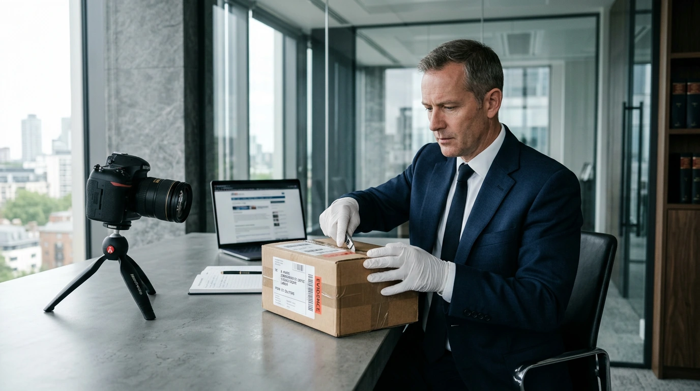 Huisser de justice recevant un colis contenant un produit acheté en ligne