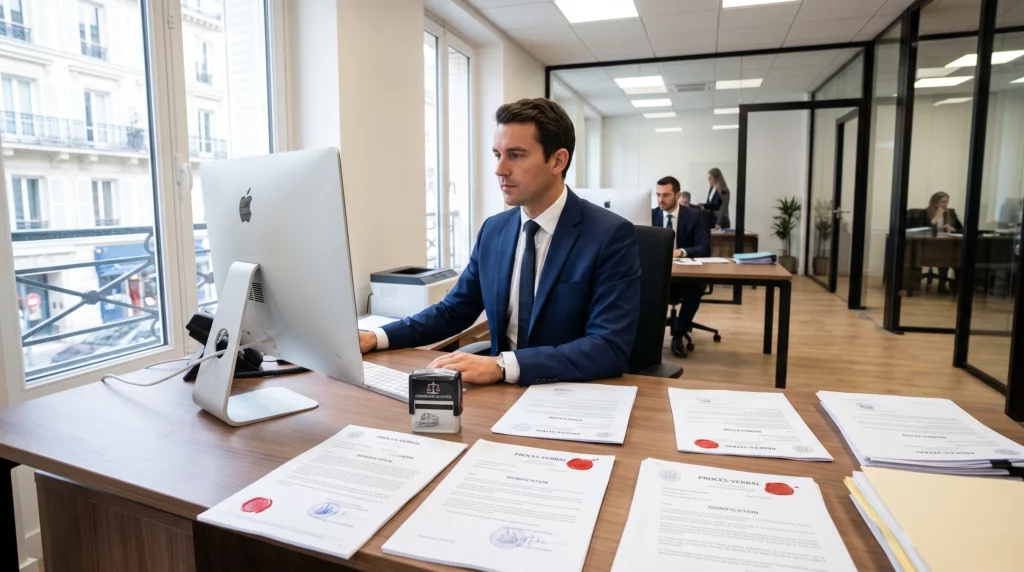 Un huissier de justice travaillant sur son PC