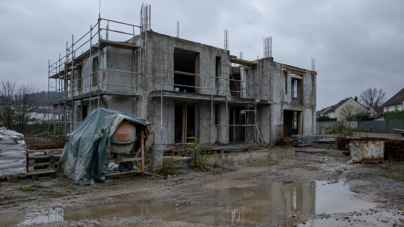 Chantier de maison abandonné avec murs en béton inachevés et échafaudage laissé en place