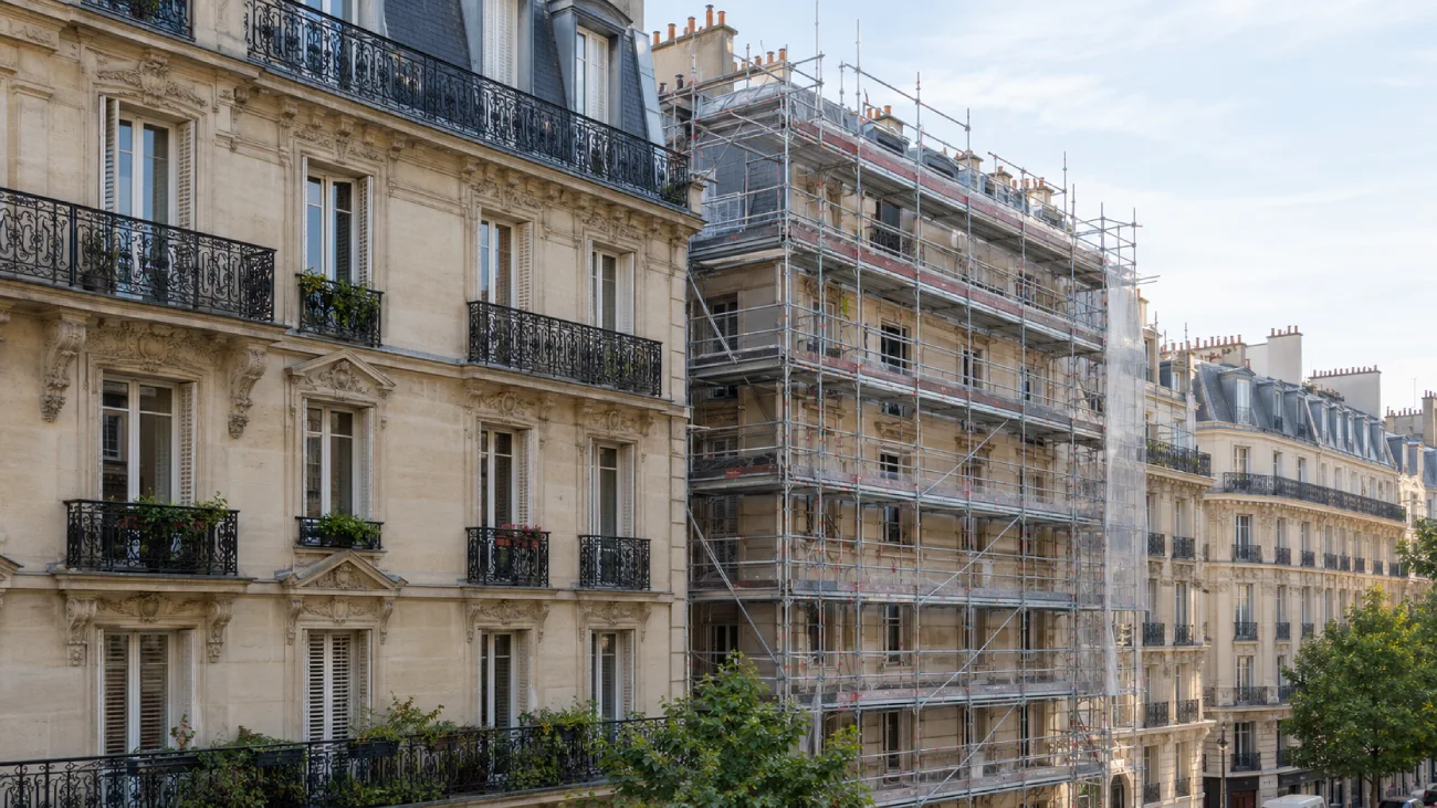 Immeuble parisien à côté d'un bâtiment voisin en cours de travaux sous échafaudage