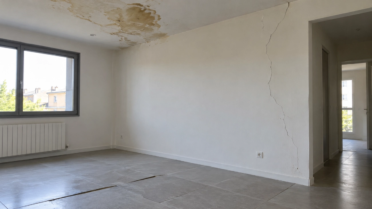 Pièce rénovée présentant des malfaçons : infiltration au plafond, fissure et carrelage mal posé