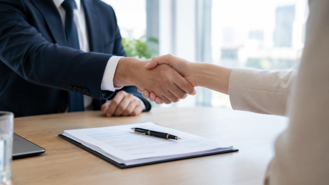 Poignée de main après la signature d'un protocole d'accord transactionnel